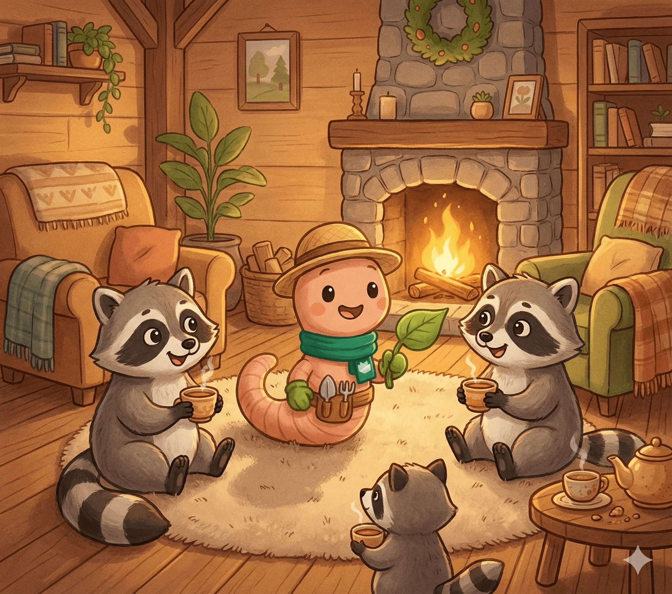 podrick and the raccoons in a living room in front of a cozy fireplace